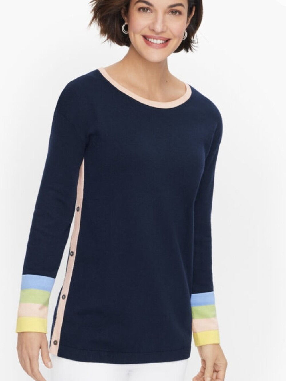 TALBOTS Womens Plus 3X Sweater Knit Navy Blue Striped Side Buttons Pink Trim - Picture 1 of 11
